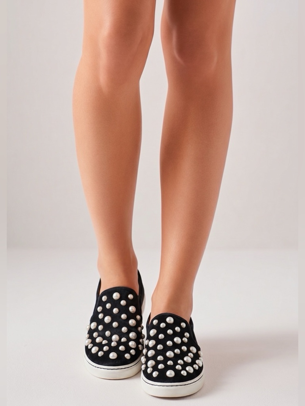 Alice & Olivia Stylish Black Slip On sneakers with Pearls